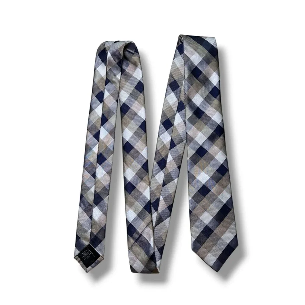 Plaid Silk Tie 58” x 3” in Navy & Gray - Men Accessories